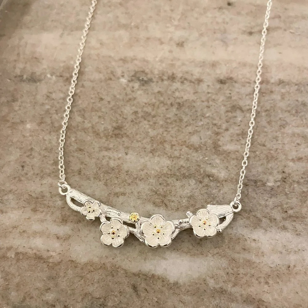 925 Sterling Silver Flower Bar Necklace Flower Necklace Branch Twig Necklace